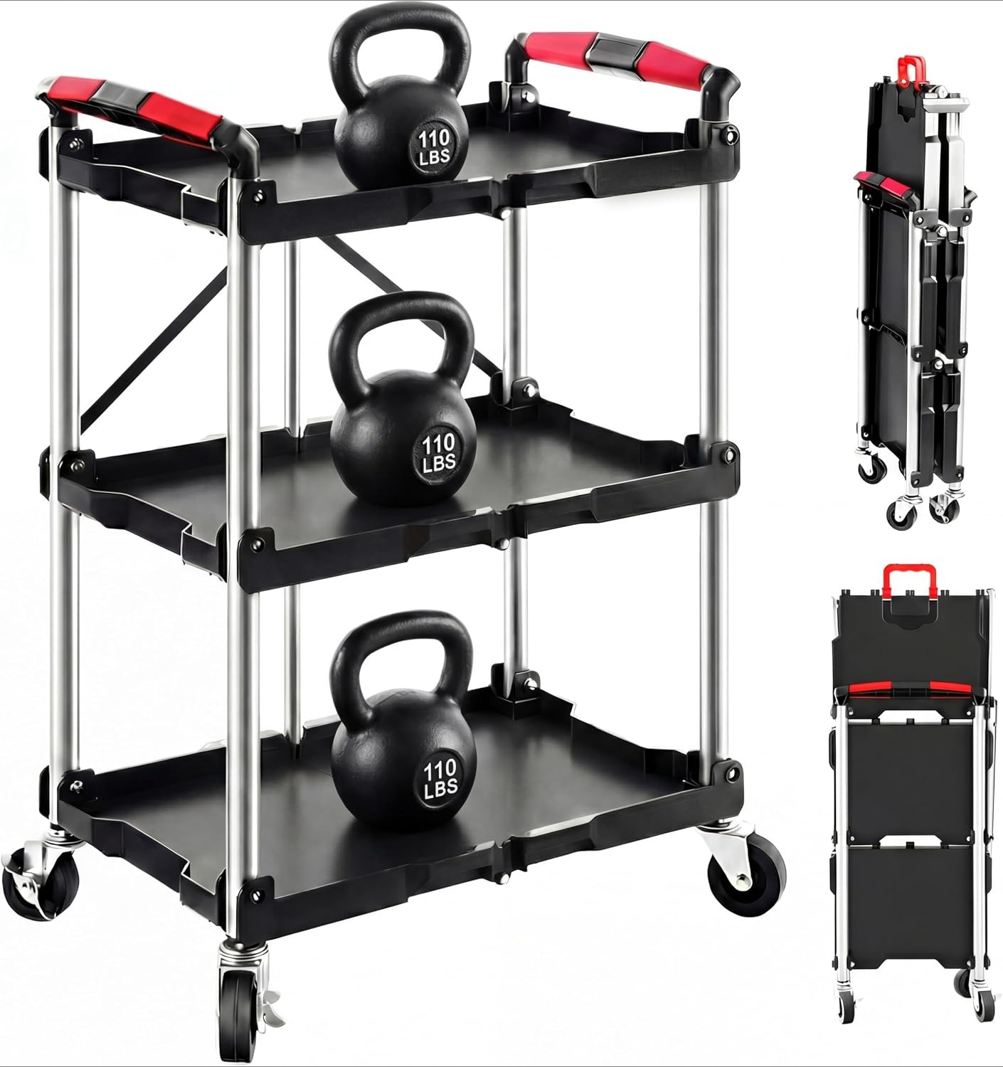 Tools Trolley For Workshop - 3-laags opvouwbare rollende werkplaatswagen, 330 lbs,